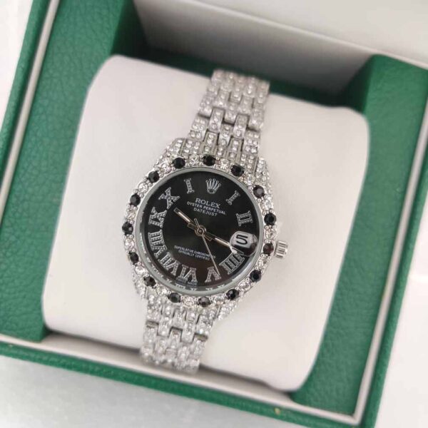 Rolex White Stone Watch with Black Dial-R-MW-5