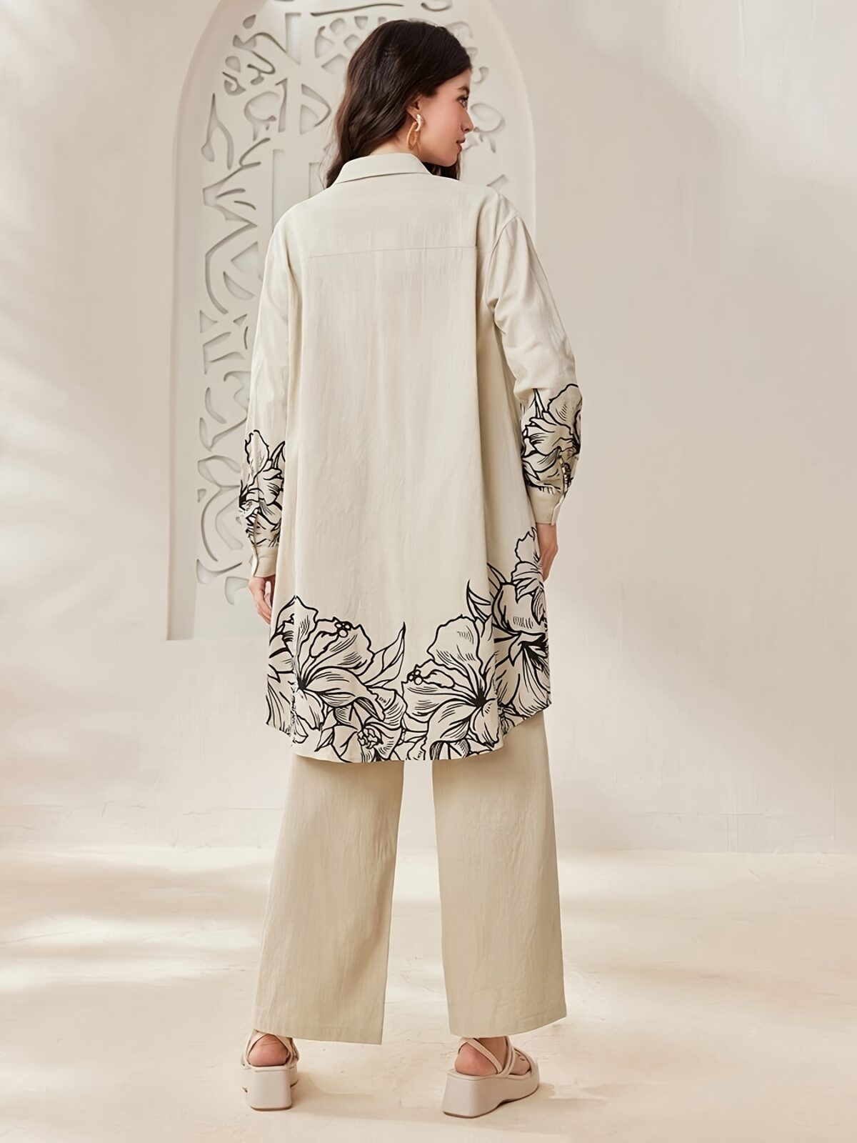 YT309 Women'S Elegant and Fashionable Floral Print Long Sleeve Shirt and Pants Set for Spring, Summer, Autumn - Image 2