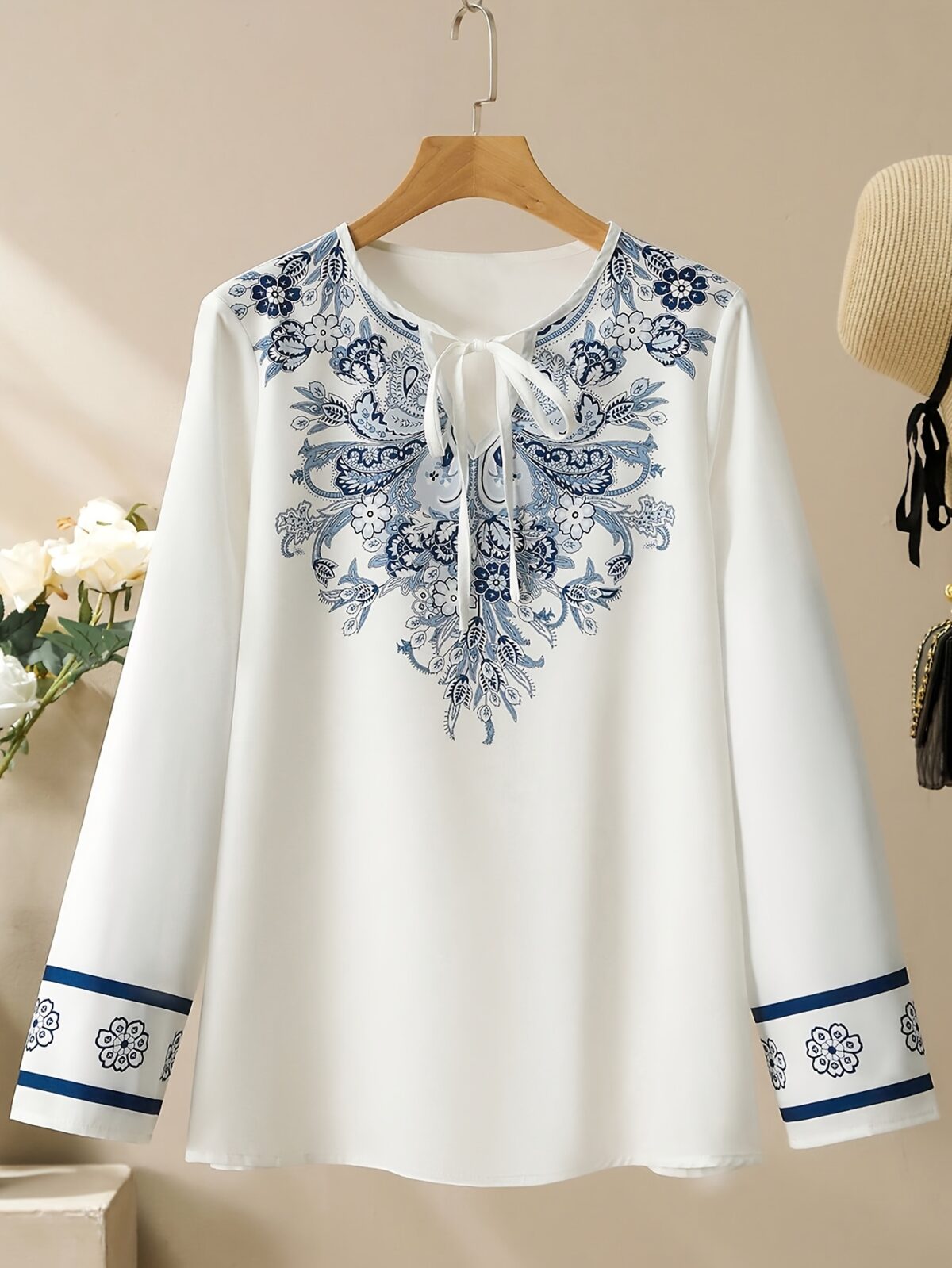 Women'S Floral Print Long Sleeve Button-Up Shirt with Tie Neck - Image 1