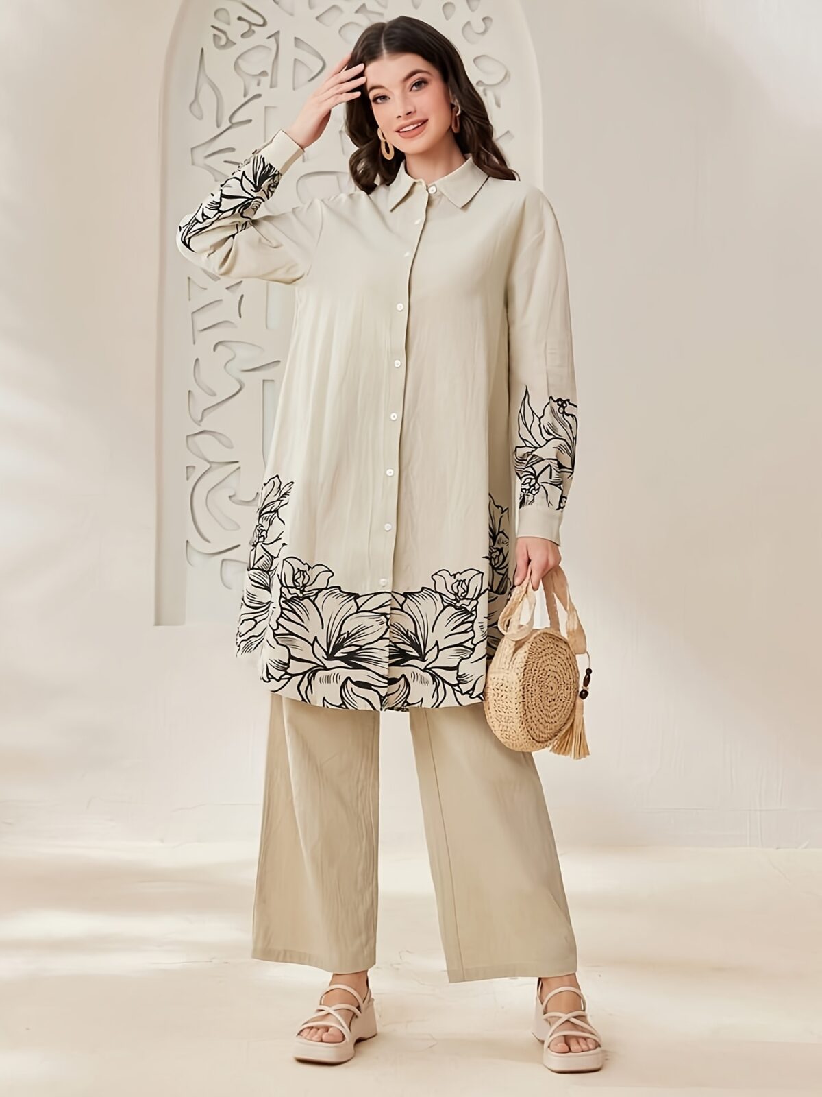 YT309 Women'S Elegant and Fashionable Floral Print Long Sleeve Shirt and Pants Set for Spring, Summer, Autumn - Image 8