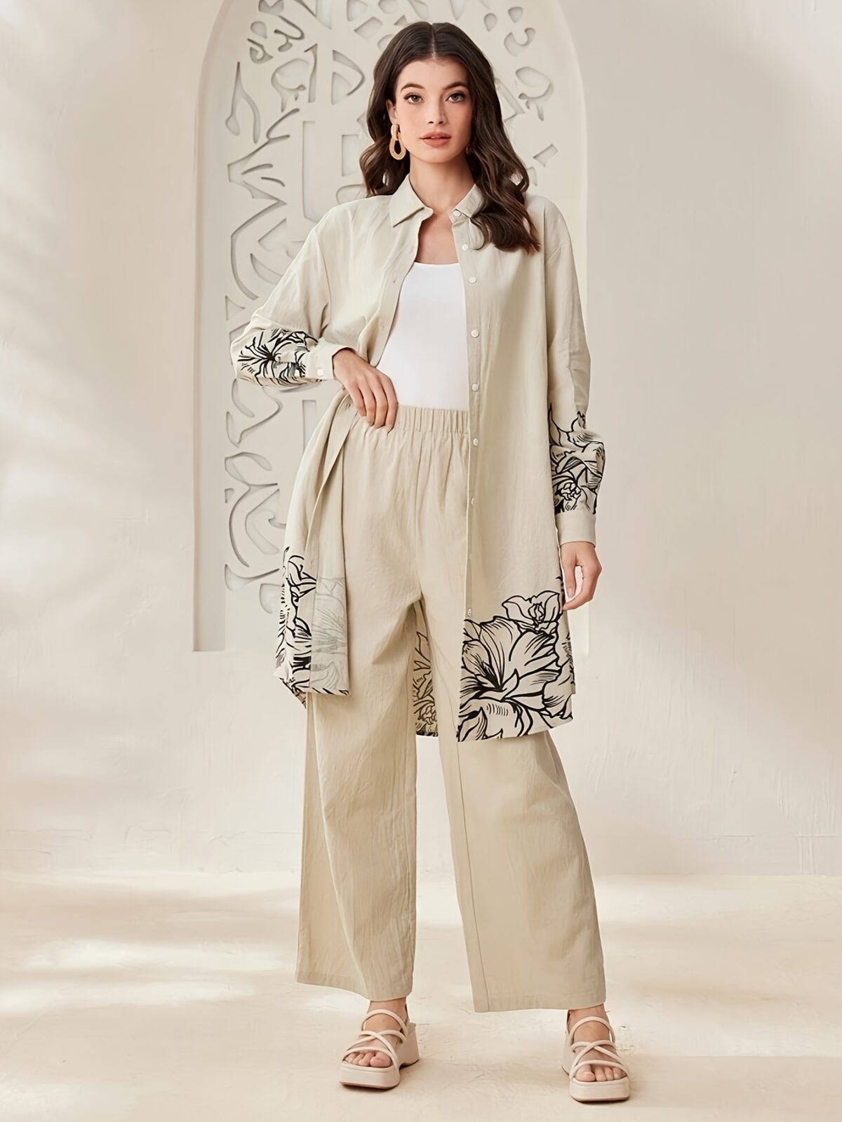YT309 Women'S Elegant and Fashionable Floral Print Long Sleeve Shirt and Pants Set for Spring, Summer, Autumn - Image 5