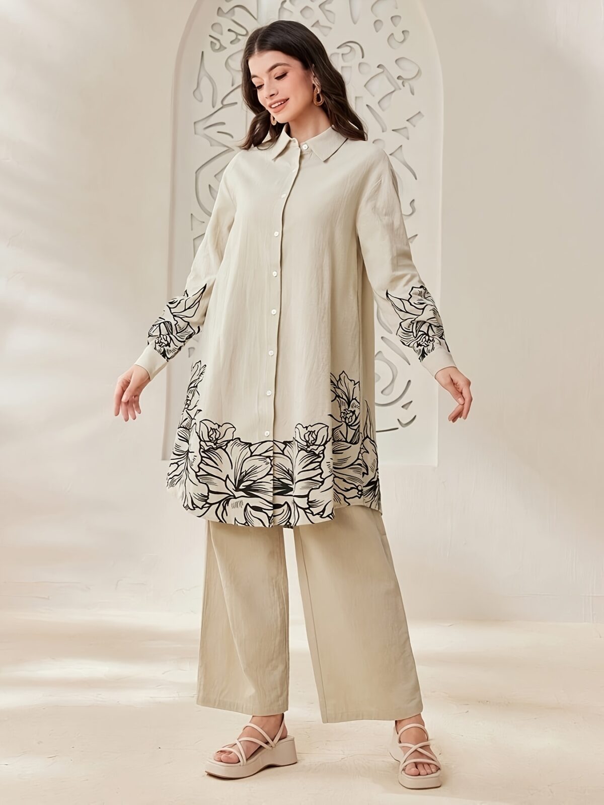 YT309 Women'S Elegant and Fashionable Floral Print Long Sleeve Shirt and Pants Set for Spring, Summer, Autumn - Image 3