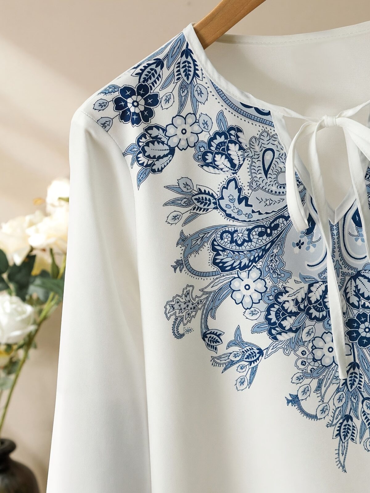 Women'S Floral Print Long Sleeve Button-Up Shirt with Tie Neck - Image 3